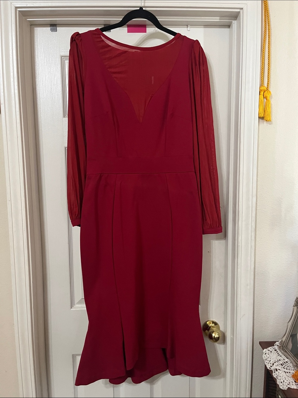 Pinup Couture Deep Red Midi Dress with Sheer Long Sleeves